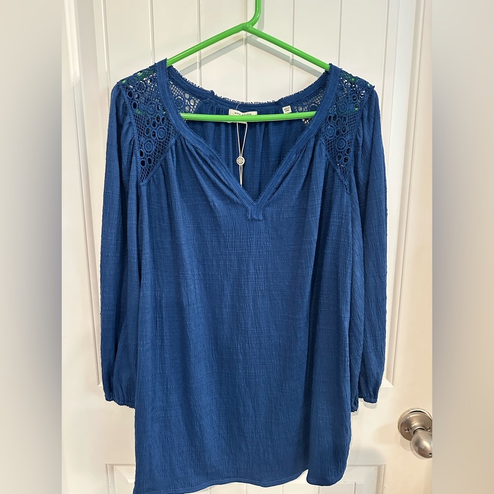 Max Studio Navy Blouse with Crochet Accents - Picture 2 of 8